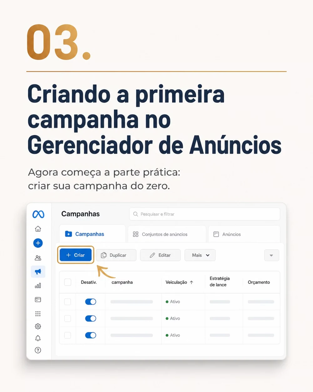 Página do eBook com o passo a passo da primeira campanha no Gerenciador de Anúncios