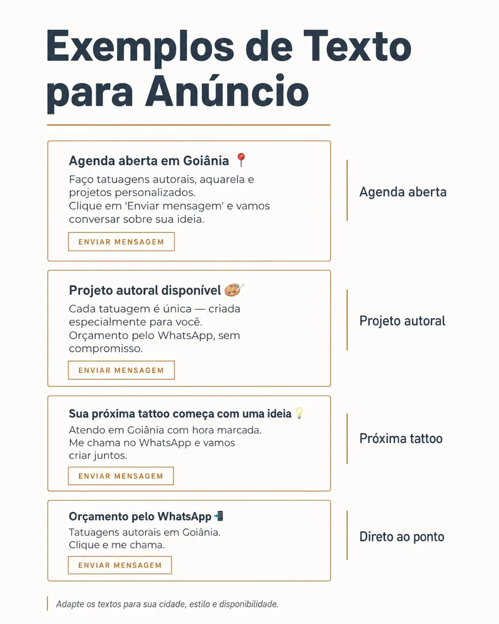 Página do eBook com exemplos de textos de anúncio para tatuadores